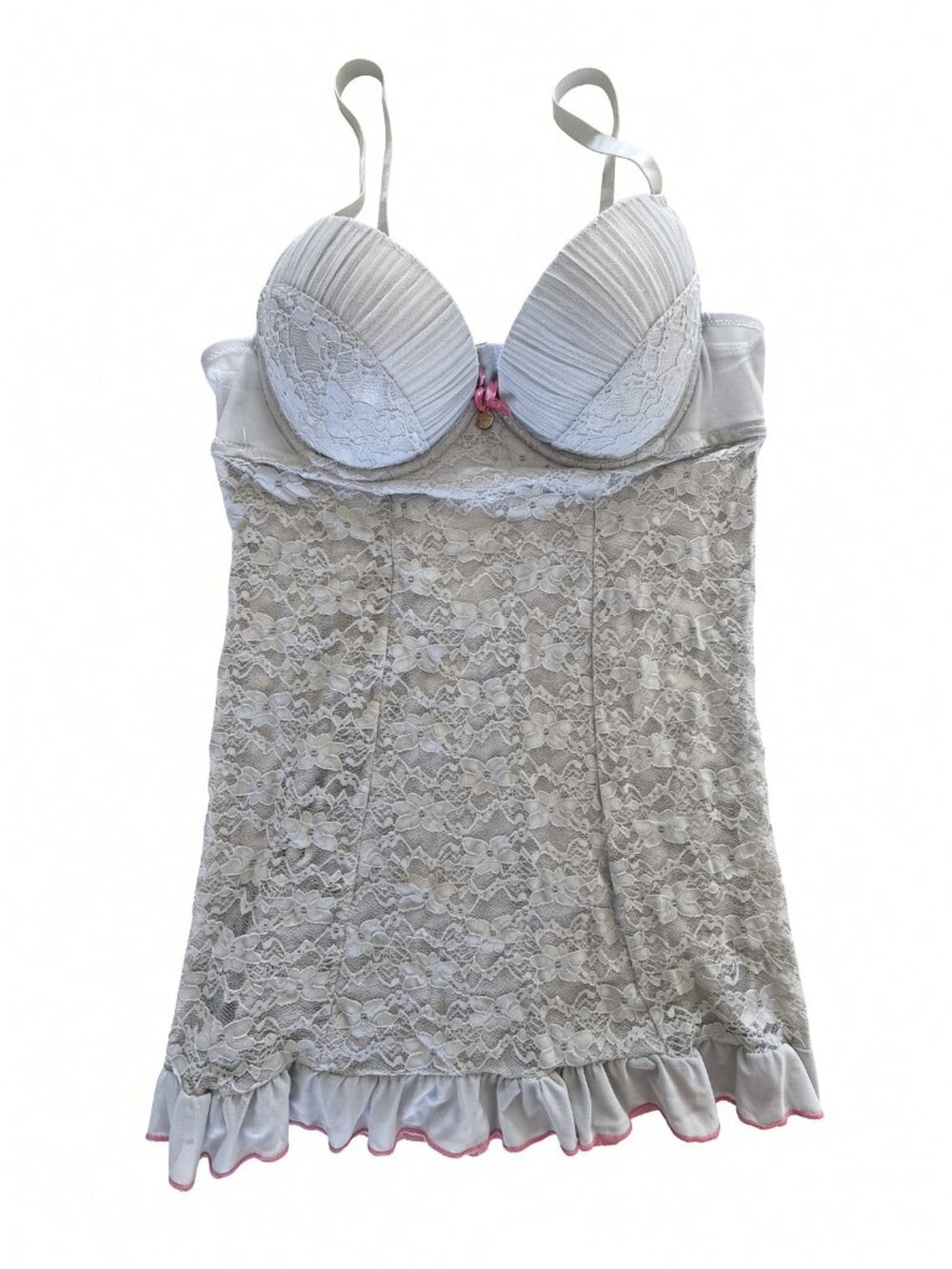 Jessica Simpson Gray Floral Lace Babydoll Chemise Pink Ruffle